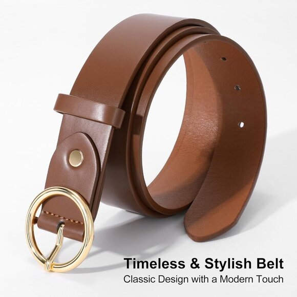 Women Leather Belt with Circle Gold Buckle Fashion Ladies Waist Belt Coffee Gold